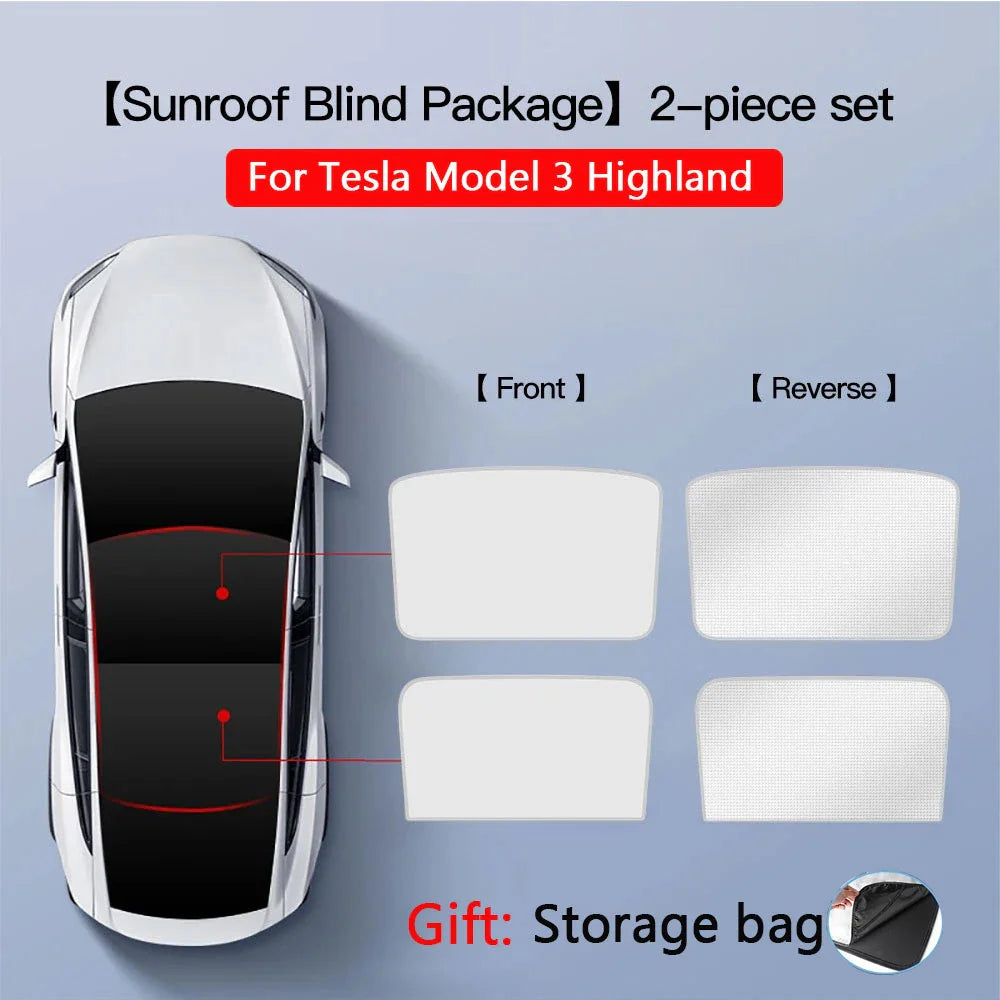 2PCS Car Roof Sunshade Set for Tesla Model 3/Y (Highland & Juniper) – Front & Rear Glass Roof Skylight Ice Cloth Buckle Sun Protection Covers