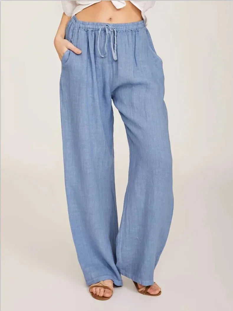 Women’s Cotton Linen Wide Leg Pants – Casual Loose Fit Elastic Waist Pocket Straight Trousers Oversized Streetwear