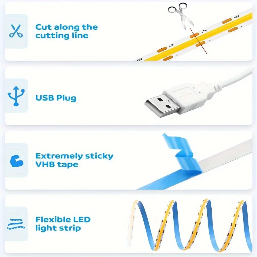 LED COB Light Strip – Flexible USB 5V Touch Dimmer Tape for Indoor Lighting, DIY TV, Mirror Backlight & Wall Decor
