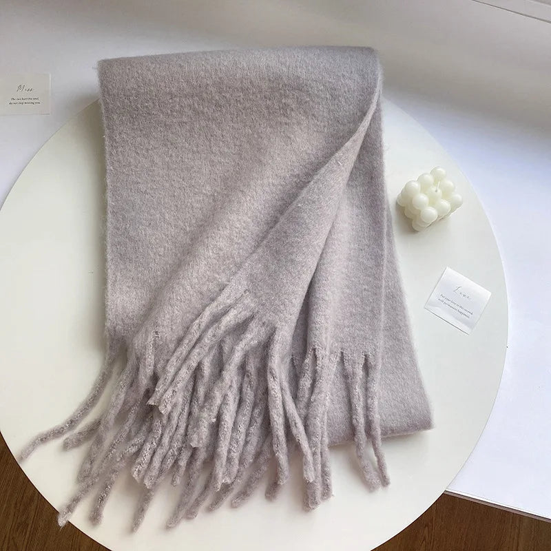Luxury Cashmere Scarf for Women - Thickened Warm Shawl with Classic Tassels, Soft Solid Color Wrap for Autumn and Winter