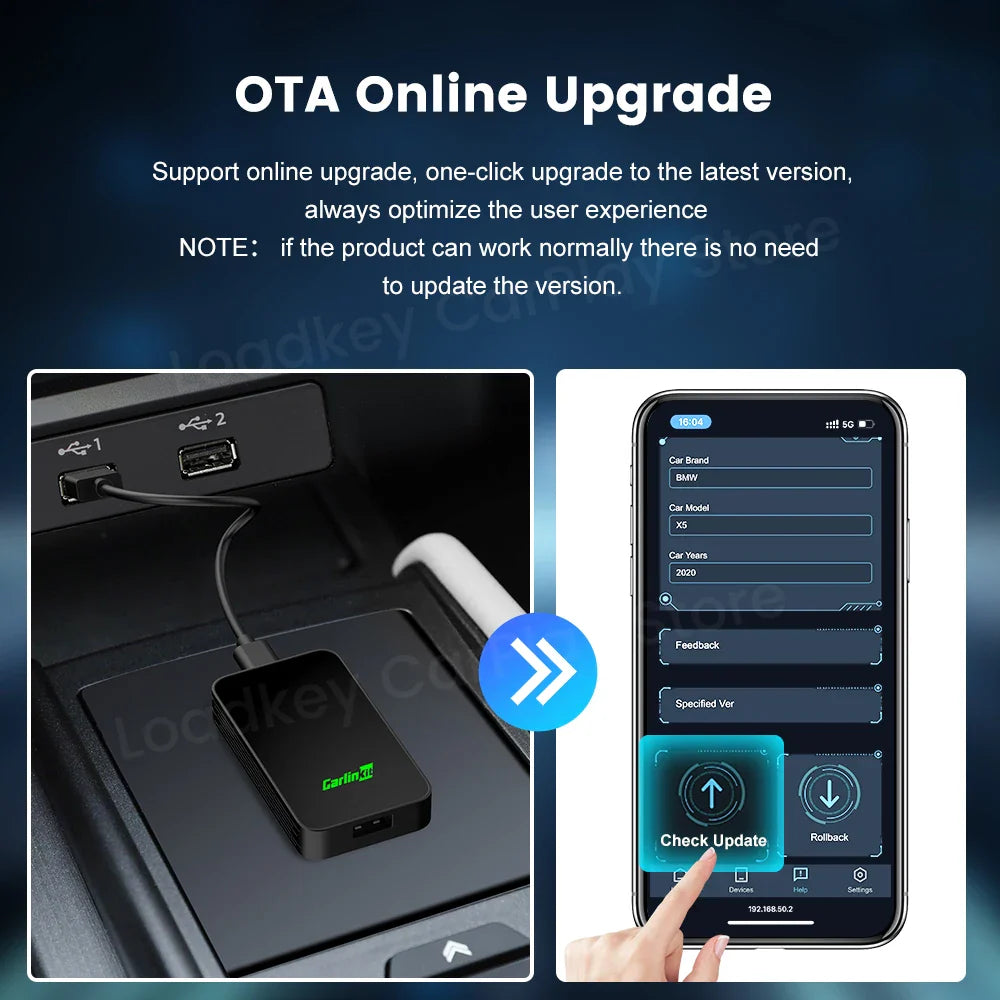 CarlinKit 5.0 & 4.0 Wireless CarPlay and Android Auto Adapter - Compatible with Audi, Golf, Peugeot, Mazda, KIA, Mercedes, MG - Supports Waze, Spotify, Music