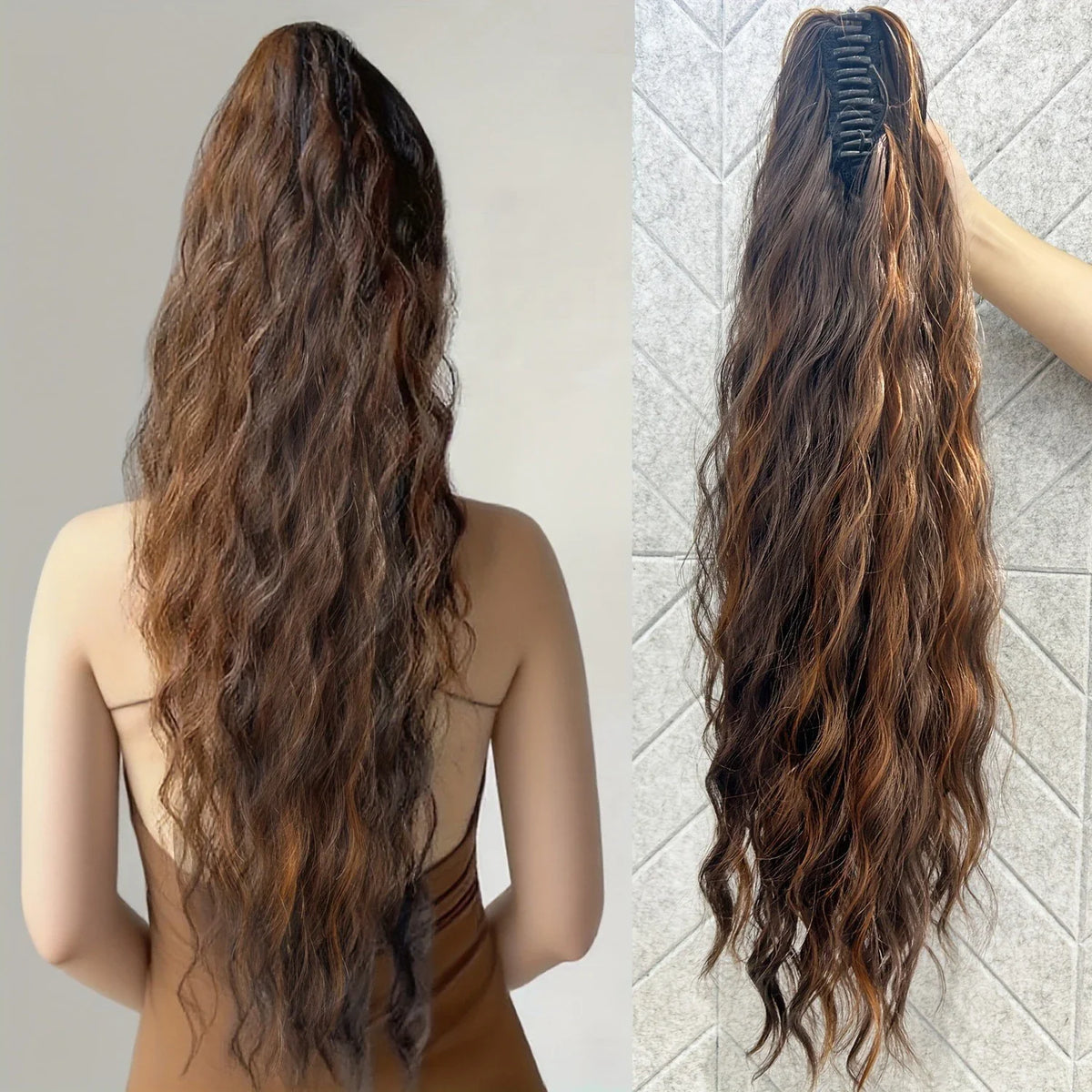 Synthetic Water Wave Claw Clip Ponytail Hair Extension – Black & Blonde, Heat-Resistant Fluffy Messy Style for Women