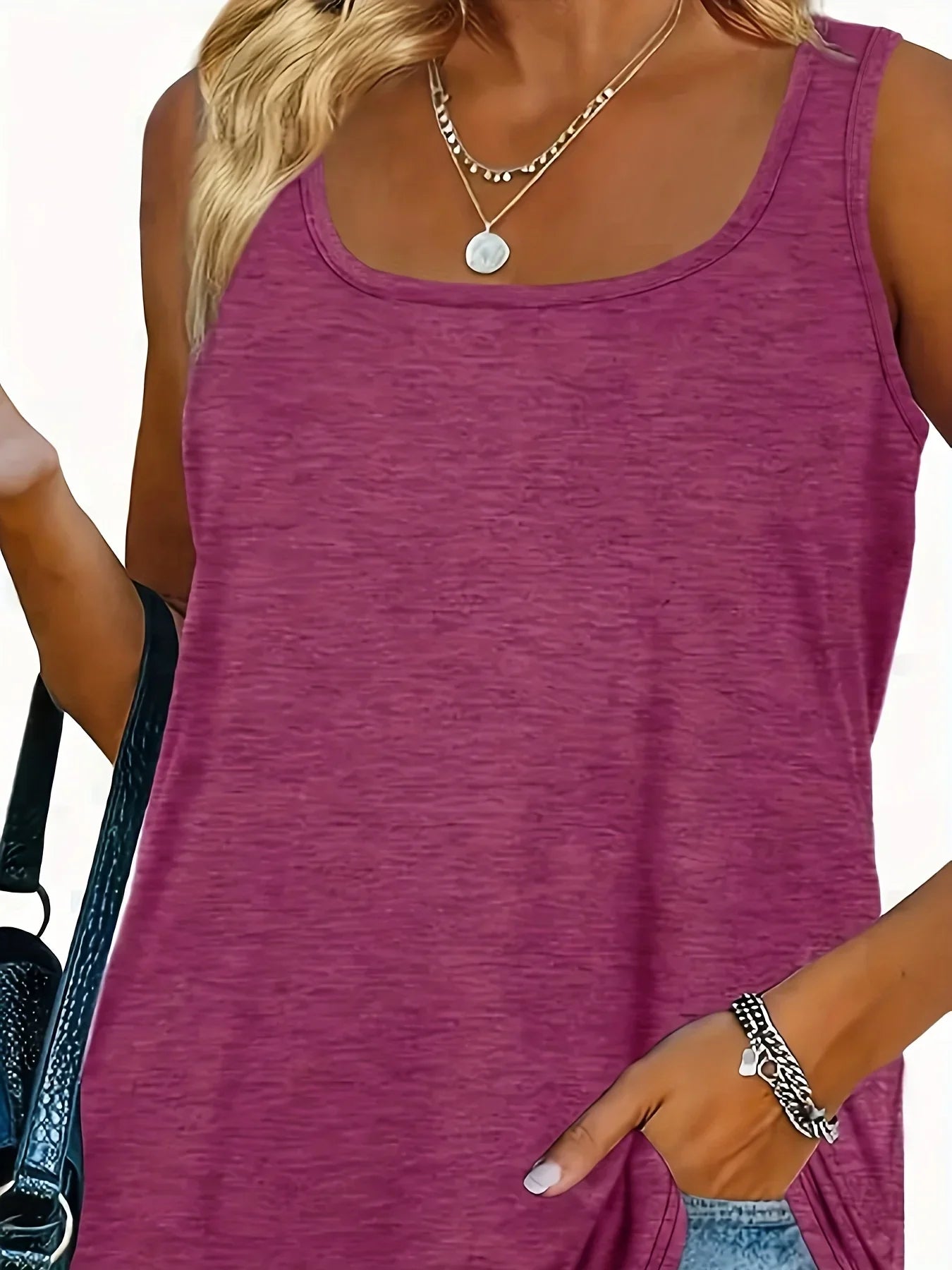 Plus Size Women’s Summer U-Neck Vest Top - Solid Color Elastic Dolphin Hem American Casual Style Shirt