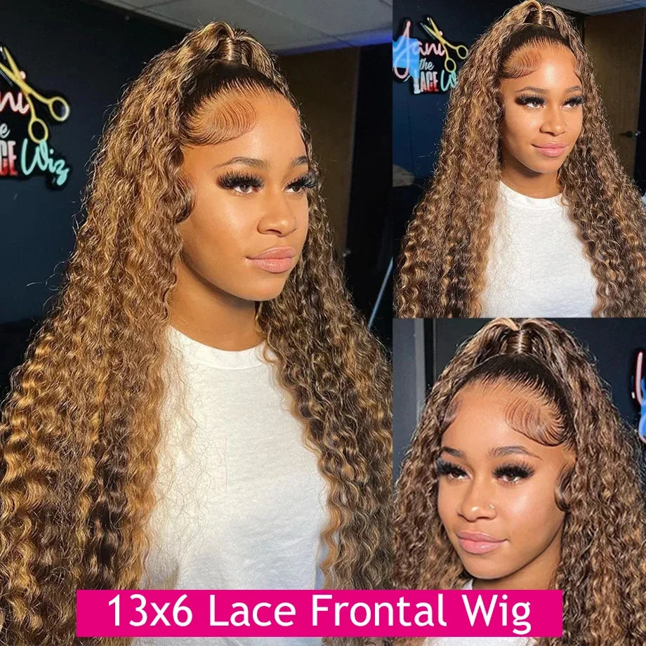 Honey Blonde Deep Water Wave HD Lace Frontal Wig – 13x6 Human Hair, Highlight Curly, 30-34 Inch Length