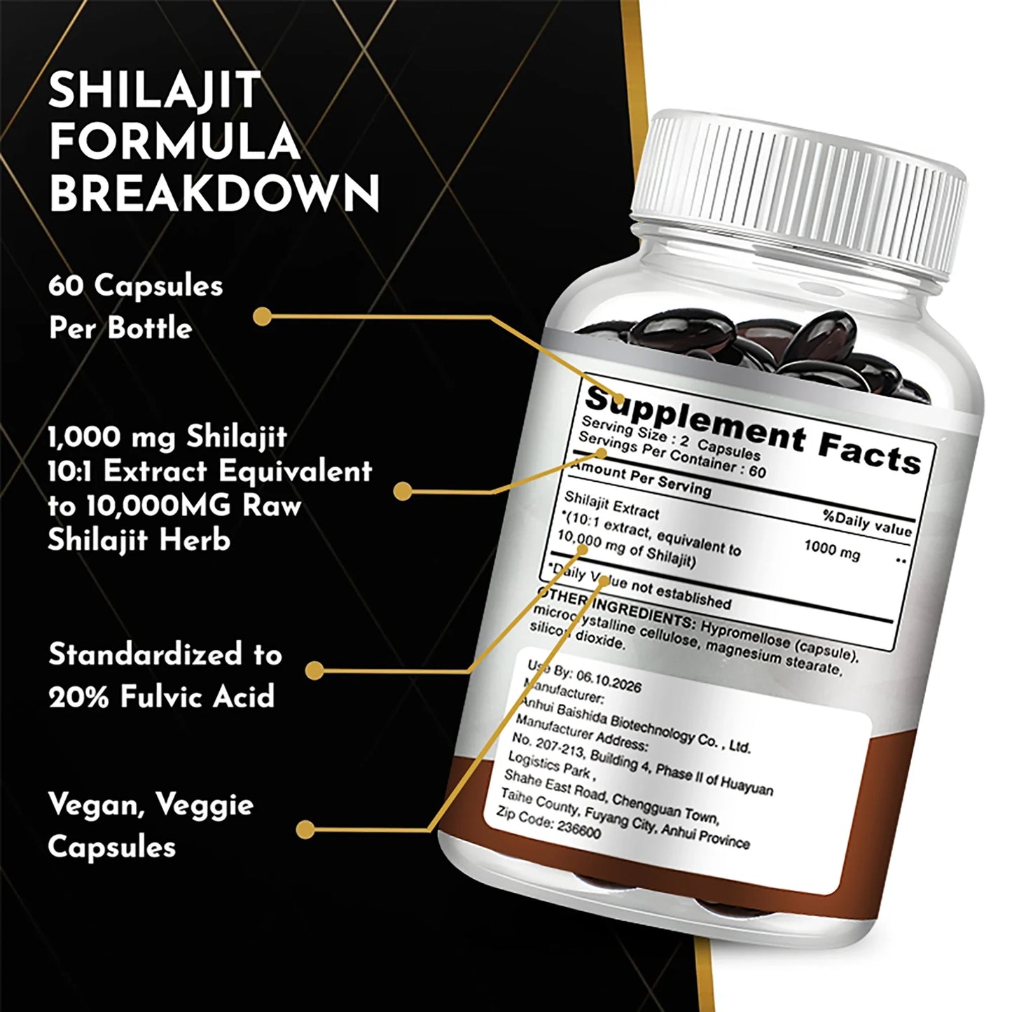 Shilajit Supplements - 120 Capsules for Enhanced Nutrient Absorption, Detoxification & Stress Relief