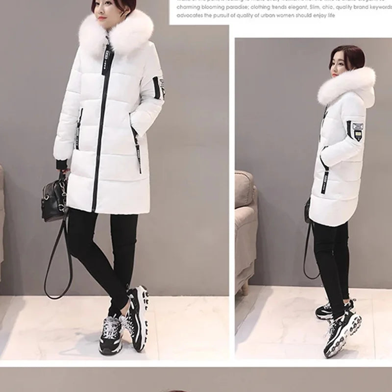 Women's Winter Parka – Fur Collar Hooded Long Jacket, Slim Fit, Warm & Thick with Letter Patch & Zipper Pockets
