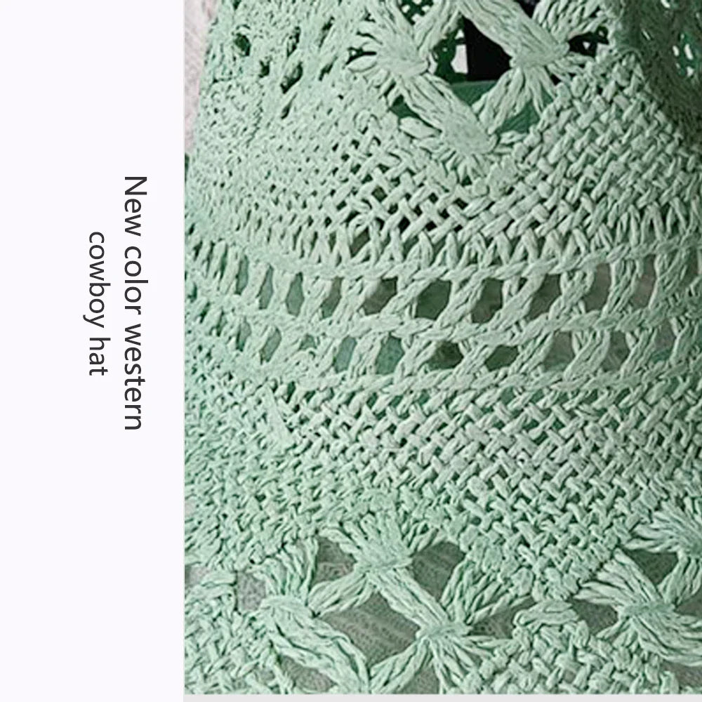 Melesh Western Women's Mint Green Cowboy Hat – Straw, Wide Brim, Plasticity Strong for Sunshine & Beach Wear