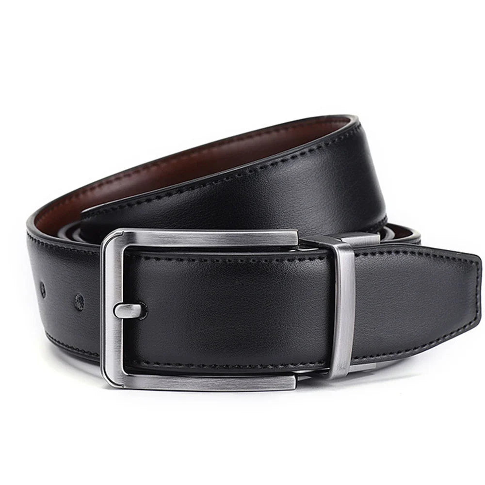 Men’s Genuine Leather Double-Sided Belt – Luxury Retro Pin Buckle with Laser Engraving (High Quality)