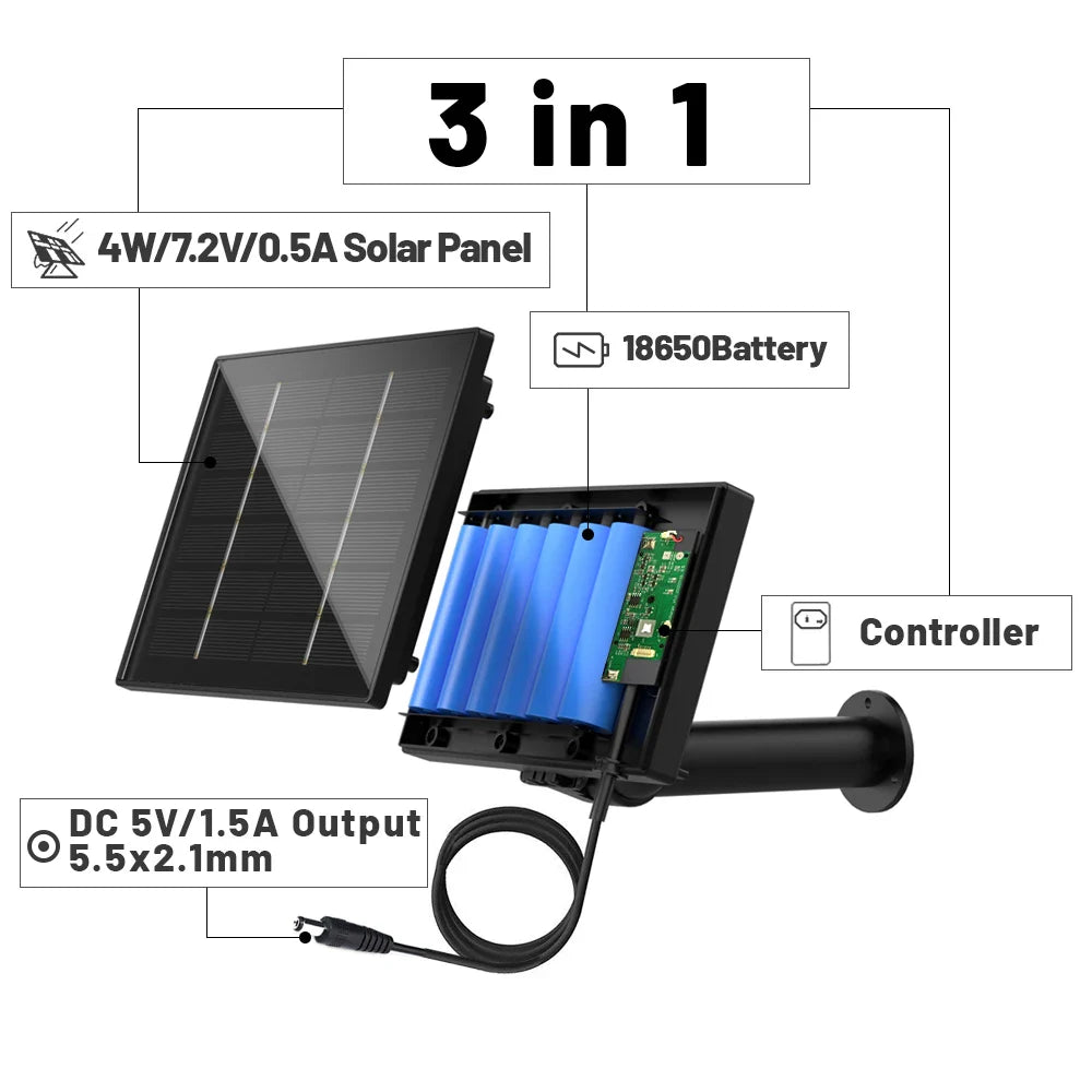 D4 5V/6V Solar Battery Charger – 4W Portable Solar Power Bank for Security Cameras, DC 5521 Output