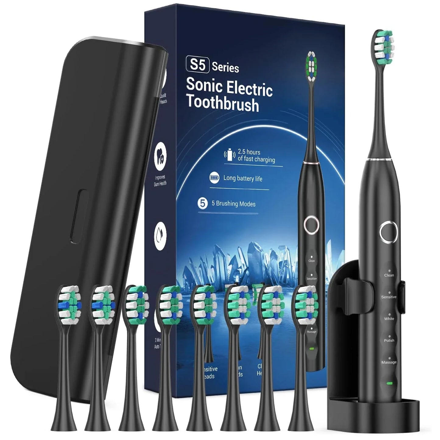 Rtauys S5 Upgraded Sonic Electric Toothbrush – Rechargeable Toothbrush for Adults & Kids 12+, 8 Brush Heads, IPX7 Waterproof with Travel Case