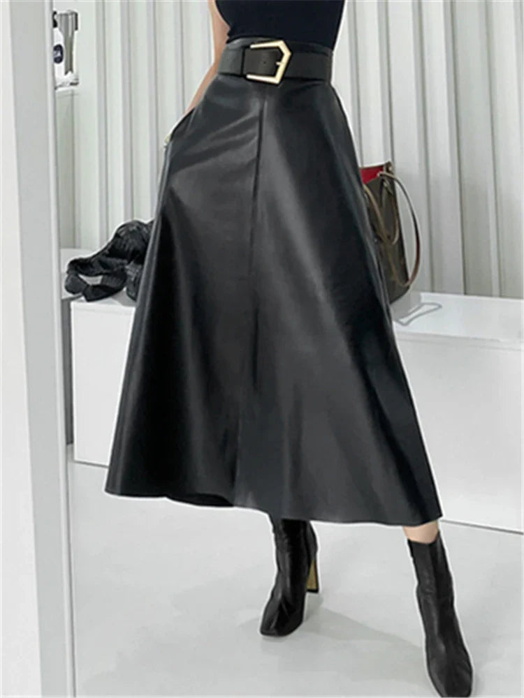 High Waist Faux Leather Long Skirt for Women – REALEFT Belted PU Leather Umbrella Skirt Autumn Winter Fashion