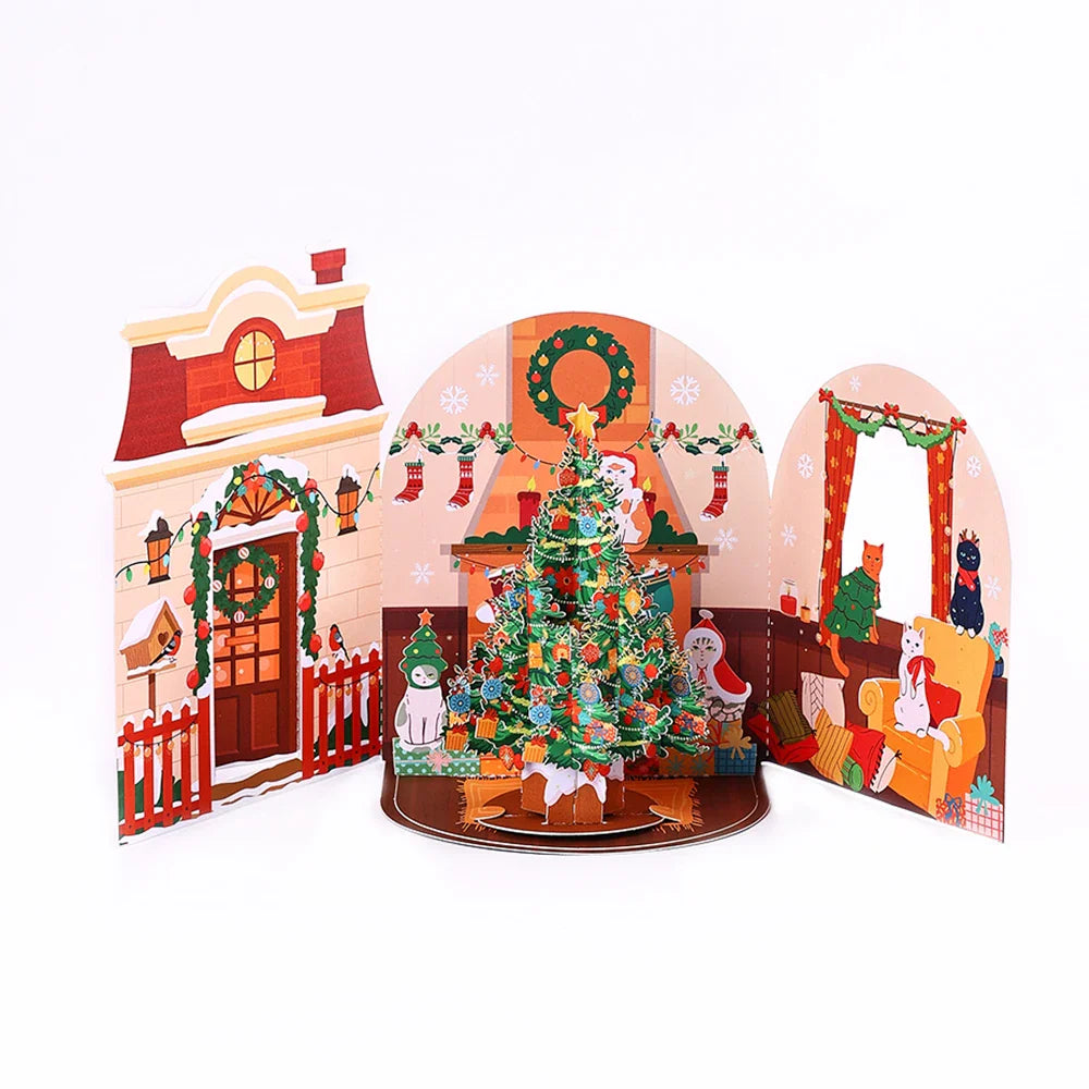 3D Christmas Tree Greeting Card – Cat Xmas Pop-Up Postcard with Envelope