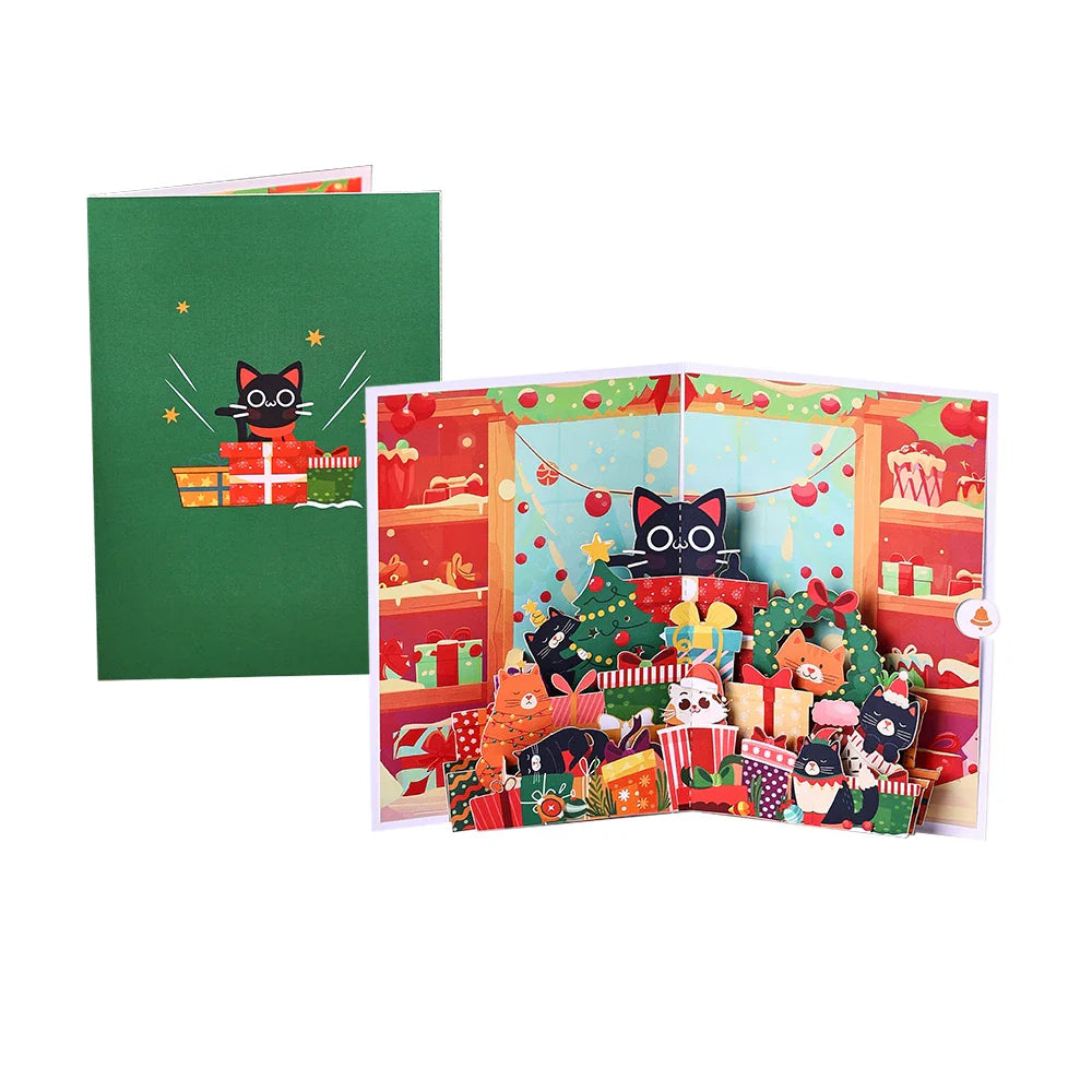 3D Christmas Tree Greeting Card – Cat Xmas Pop-Up Postcard with Envelope