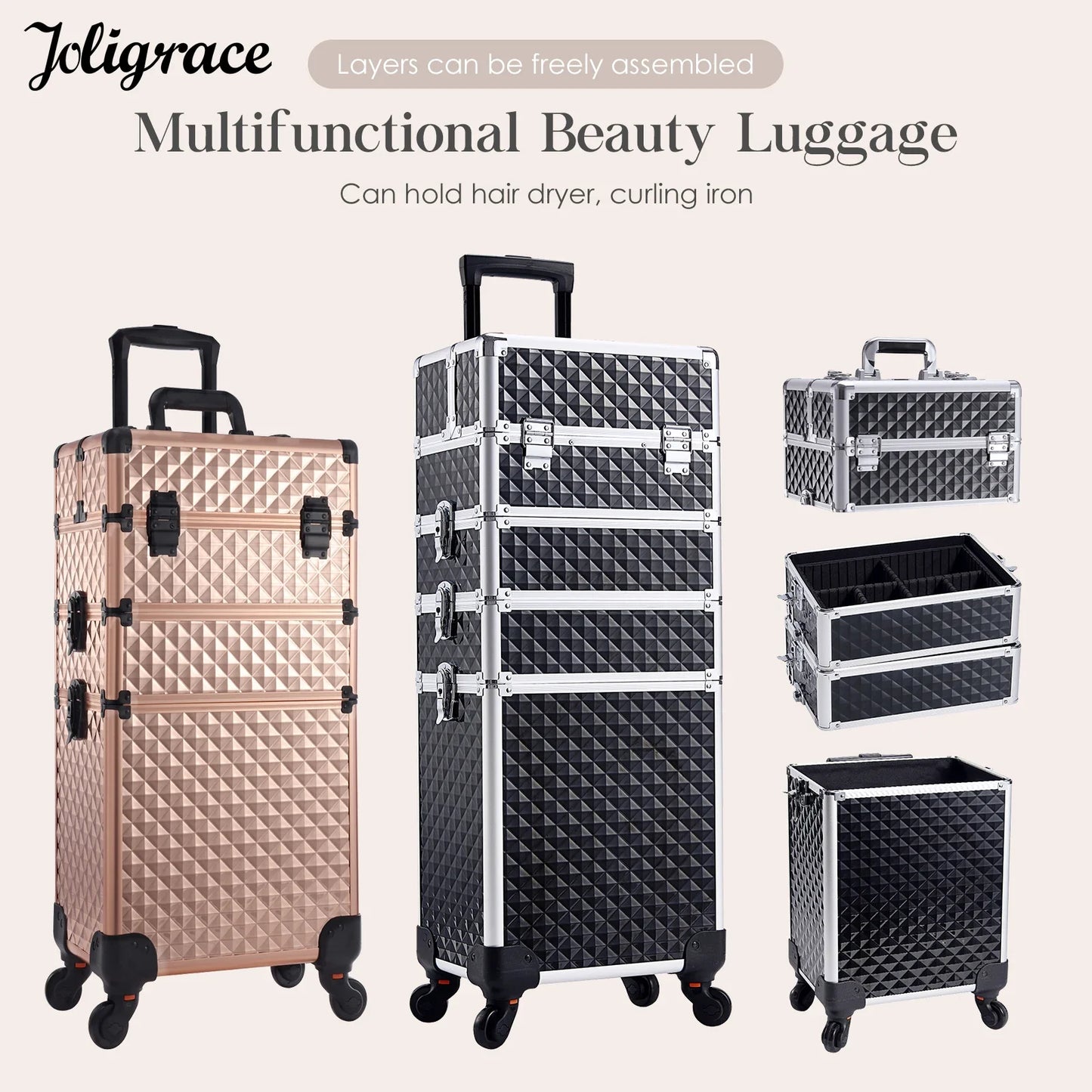Makeup Trolley Case 4-in-1 — Detachable Alloy Train Briefcase with Wheels, Lockable Large Capacity Storage for Nail Manicure Salon