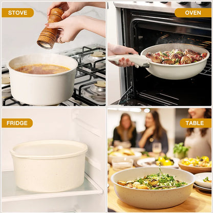 Astercook 21 Piece Ceramic Cookware Set - Non-Stick Pots and Pans with Sensor Handles in Milky White
