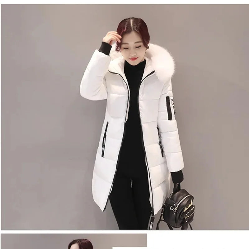 Women's Winter Parka – Fur Collar Hooded Long Jacket, Slim Fit, Warm & Thick with Letter Patch & Zipper Pockets