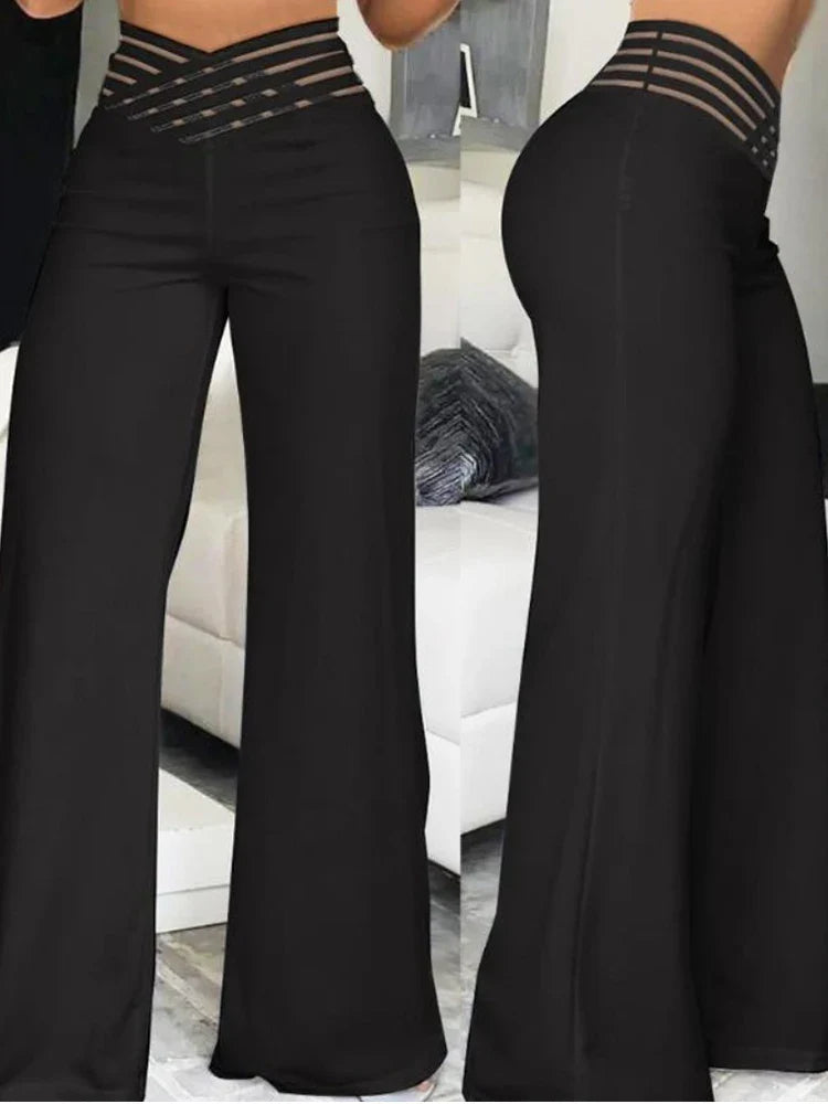 Stay on Trend: Women's Autumn Wide Leg Flared Pants with Crisscross Sheer Mesh Patch - High Waist Y2K Streetwear for an Elegant Work Look