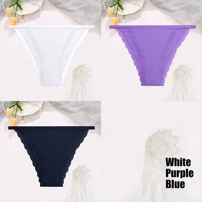 FINETOO 3pcs Women’s Lace Cotton Briefs — Solid, Comfortable, Breathable Soft Underwear & Lingerie