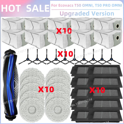 ECOVACS T50 PRO/OMNI Vacuum Replacement Parts – Main Roller, Side Brush, HEPA Filter, Mop Cloth & Dust Bag