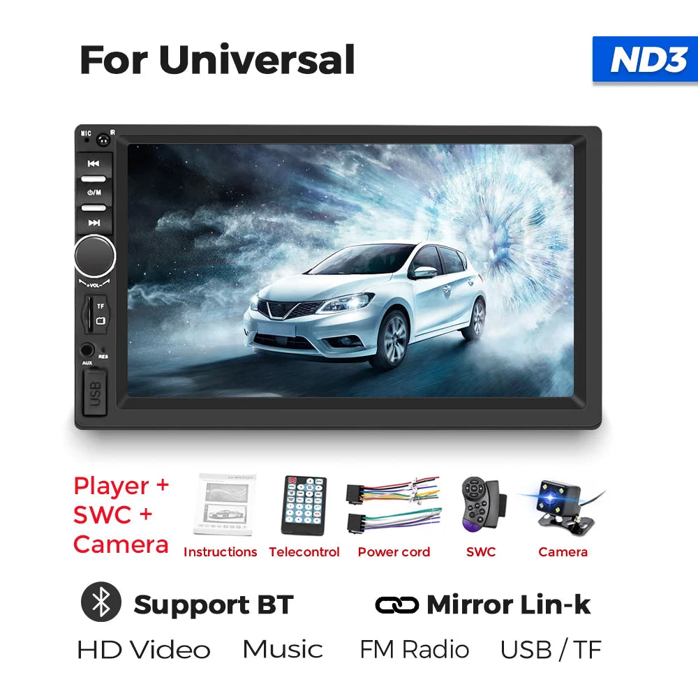 Navifly 7-Inch HD Touchscreen Car Multimedia Player – Universal 2 DIN, CarPlay, FM, Bluetooth for Toyota, Honda, VW, Corolla, Camry, Rav4