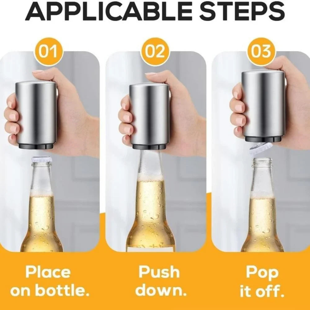 Stainless Steel Beer Bottle Opener — Multi-Color Automatic Push-Down Portable Cap Opener