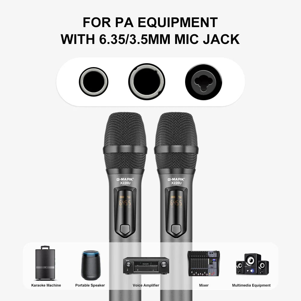G-MARK X220U Wireless Microphone - UHF Karaoke Mic With Rechargeable Battery Receiver For Speakers & 5 Hour Performance Use