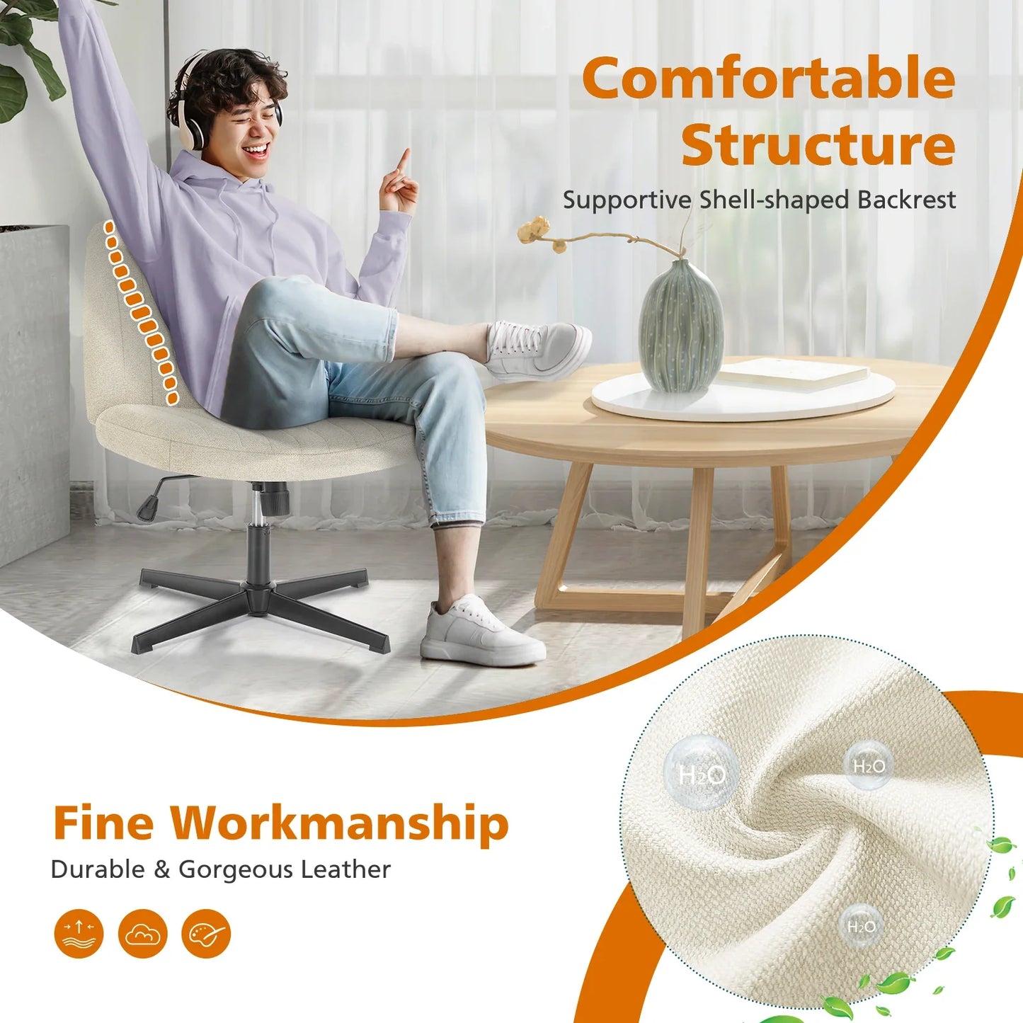 Adjustable Cross Legged Rocking Gaming Chair - Armless Wide Desk Swivel Task Chair for Home Office and Living Room