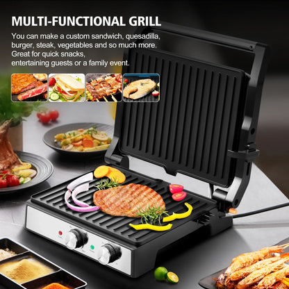 1600W Electric Panini Press Sandwich Maker — Indoor Grill with Non-Stick Plates, Adjustable Temperature & Timer