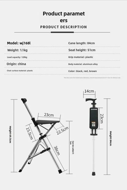 2-in-1 Portable Folding Cane & Chair — Quick-Fold Walking Stick with Built-In Seat and Three Legs