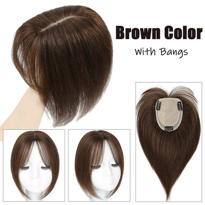 Dazzeal Human Hair Topper – 100% Real Straight Hair, Lace Base, Clip-In with Bangs, 10x12cm, 360° Coverage