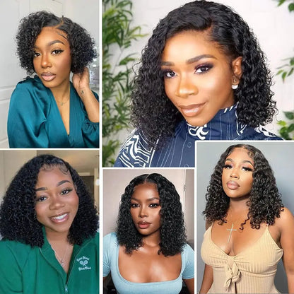 12 Inch Deep Wave Bob Human Hair Wig – 13x4 HD Transparent Lace Front Pre-Plucked Curly Wet & Wavy Glueless Water Wave Wig for Black Women, Natural Black Short Bob