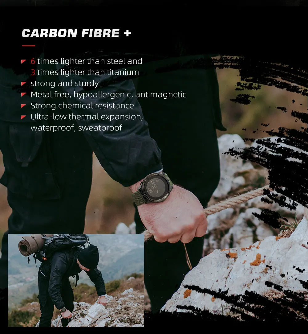 NORTH EDGE ALPS Men's Digital Carbon Fiber Watch Shockproof Military Sports Waterproof 50M Outdoor Compass Wristwatch