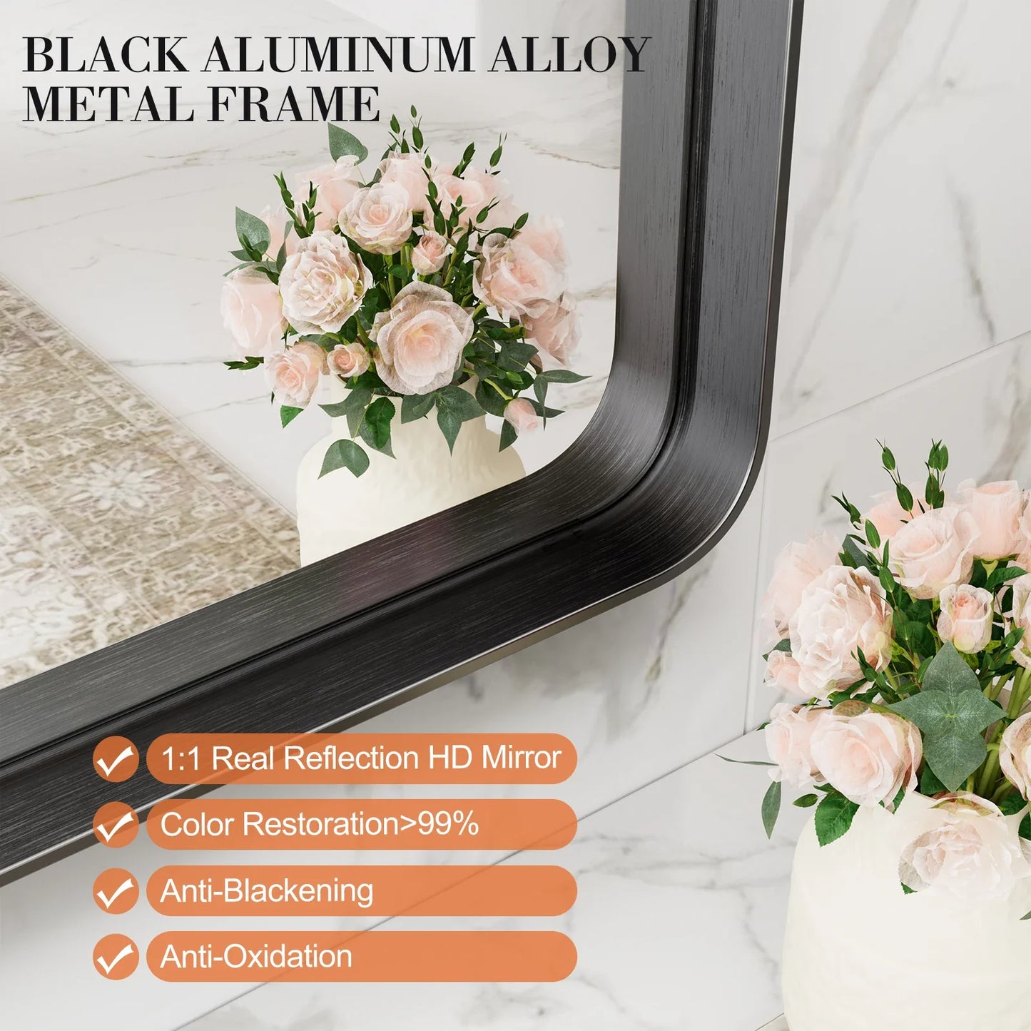 30x40" Large Rectangle Wall Vanity Mirror – Matte Metal Frame, Tempered Glass, Modern Living Room Decor