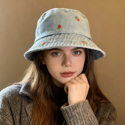 Embroidered Denim Bucket Hat – Summer Beach Fisherman Sun Hat for Men & Women | Cute Travel Cotton Sun Protection Cap, Wholesale Style