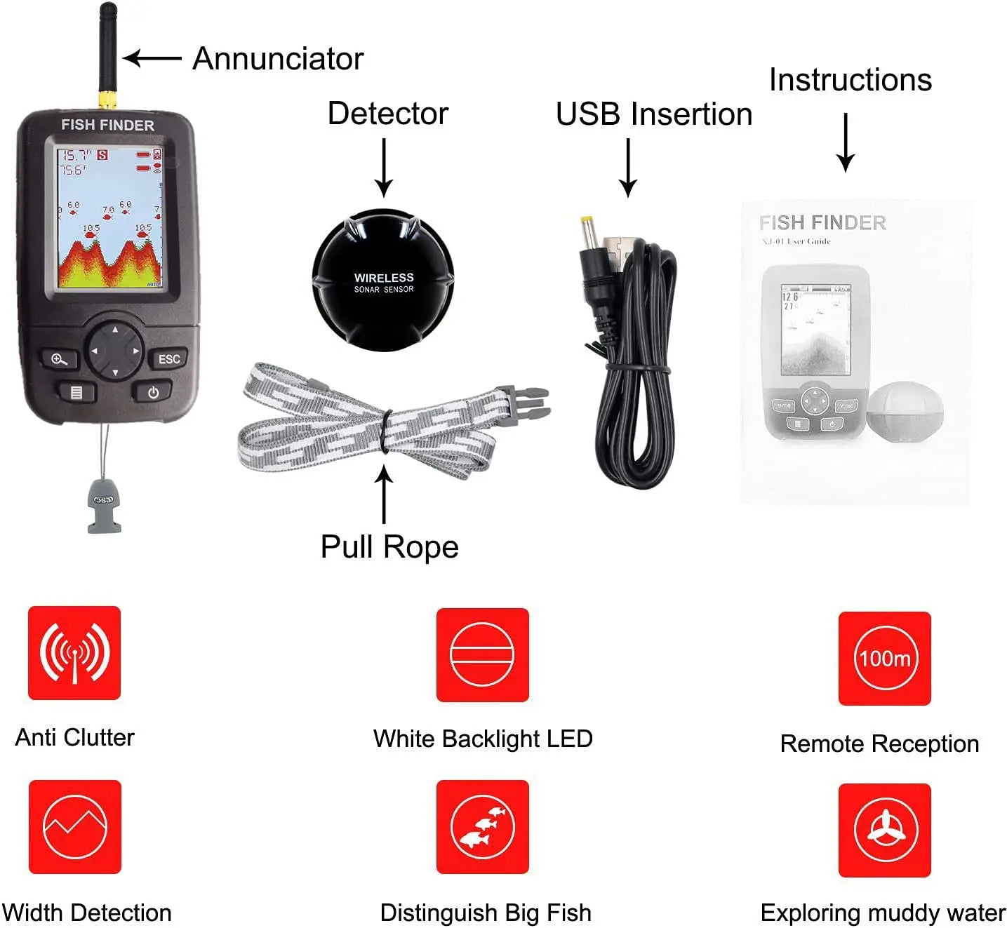 Wireless Sonar Fish Finder - Portable Underwater Fishing Detector with Echo Sounder and Fishing Alert