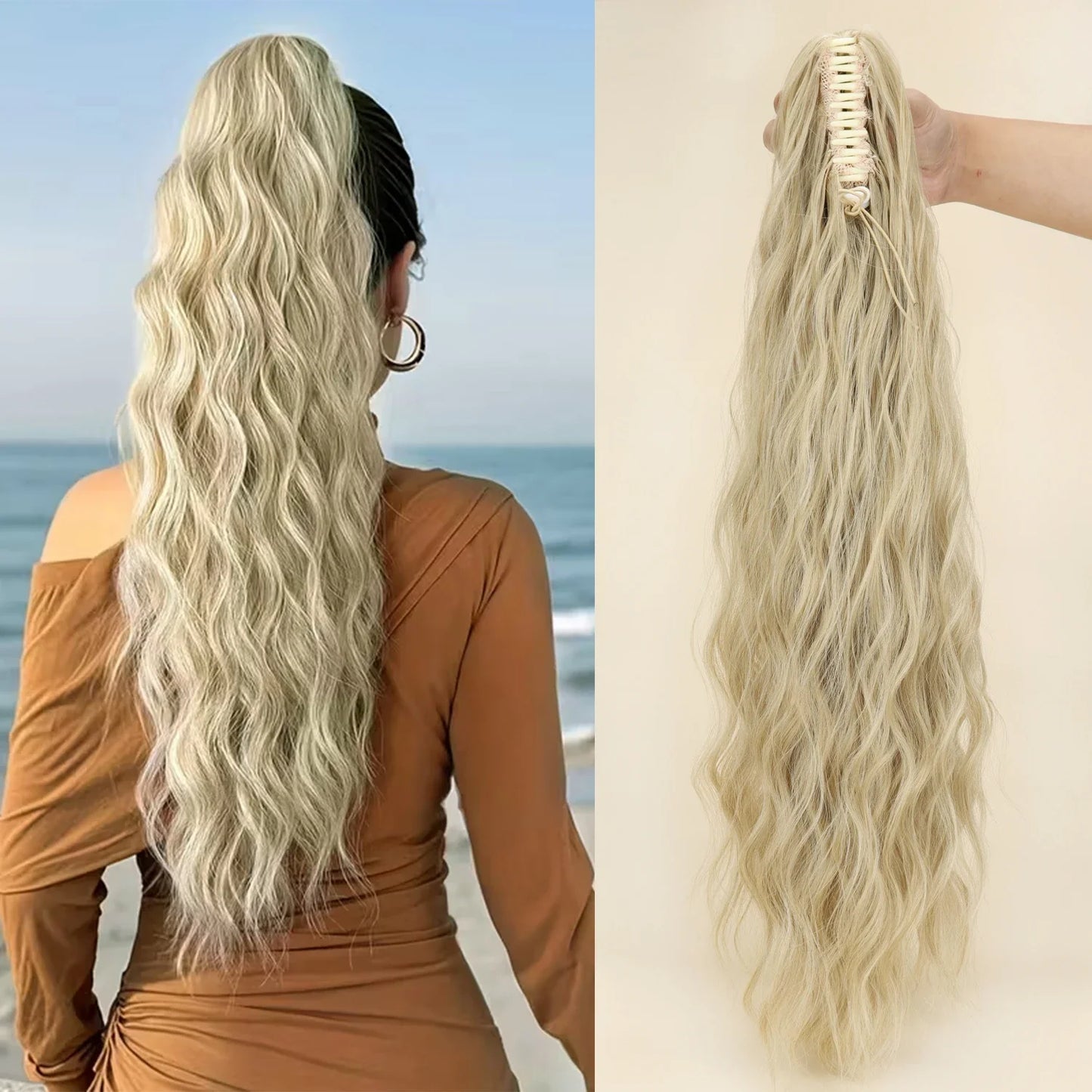 Synthetic Water Wave Claw Clip Ponytail Hair Extension – Black & Blonde, Heat-Resistant Fluffy Messy Style for Women