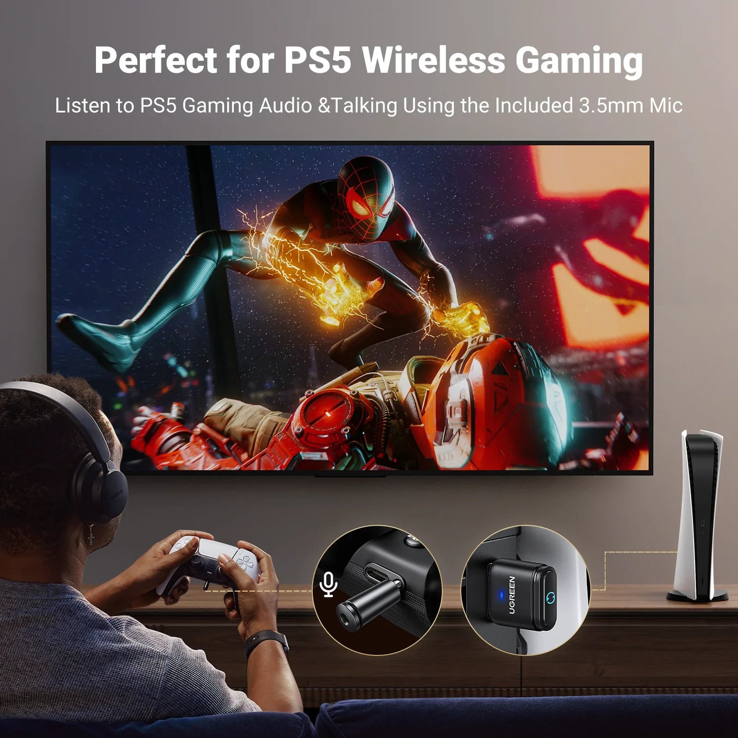 USB Bluetooth 5.3 Transmitter – aptX HD Audio Adapter for PS5, PS4, Nintendo Switch, Headset, Speaker & Mic