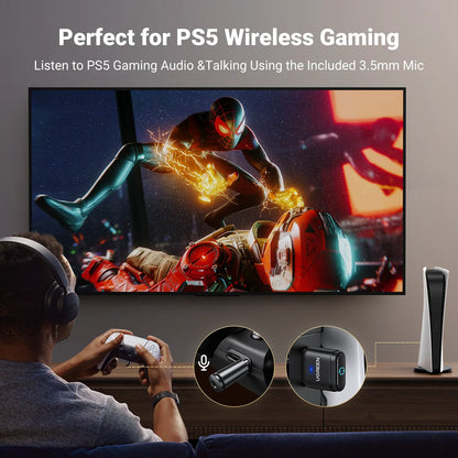USB Bluetooth 5.3 Transmitter – aptX HD Audio Adapter for PS5, PS4, Nintendo Switch, Headset, Speaker & Mic