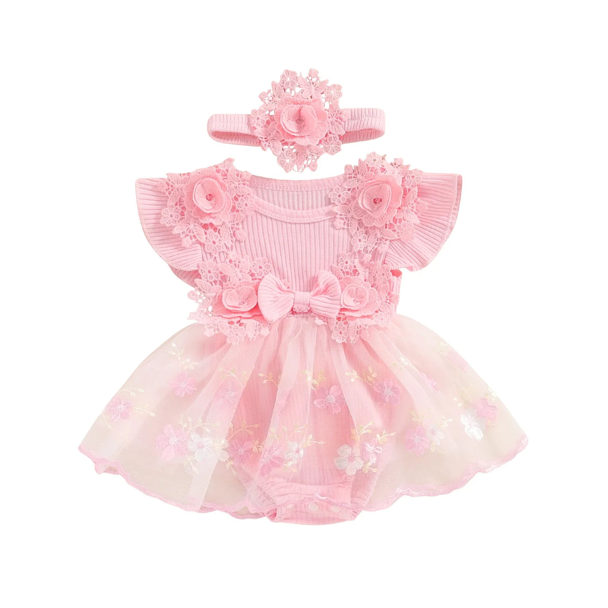 3D Flower Baby Girls’ Romper - Princess Mesh Lace Ruffle Bodysuit Dress with Headband