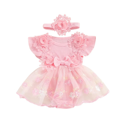 3D Flower Baby Girls’ Romper - Princess Mesh Lace Ruffle Bodysuit Dress with Headband
