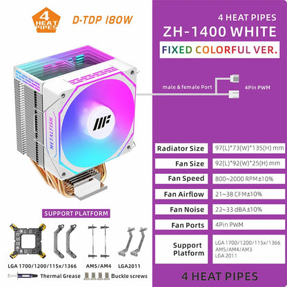 METALFISH White CPU Cooler — Silent ARGB 4-Pin PWM Fan with Radiator for Intel LGA 1700/1200/1150/1155/1156/1366/2011 & AMD AM5/AM4/AM3/X99/X79