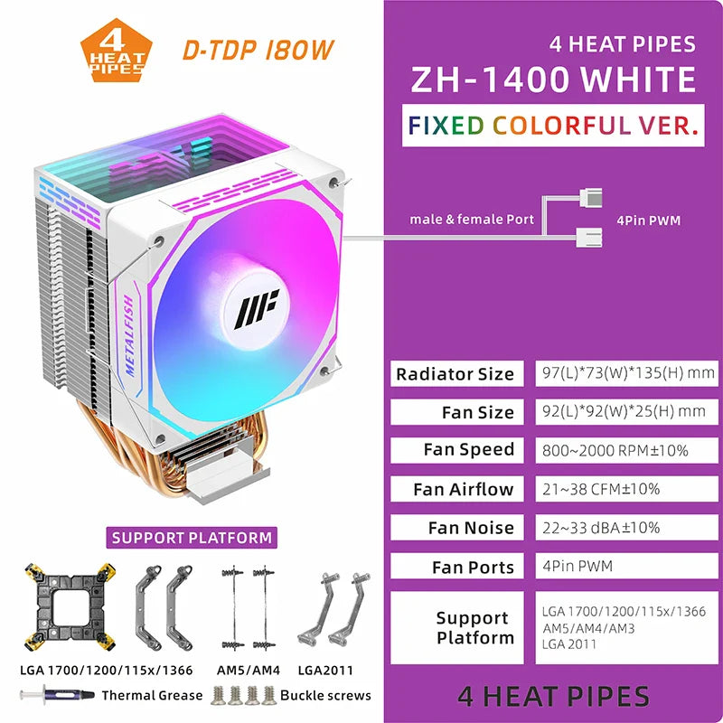 METALFISH White CPU Cooler – ARGB PWM Silent Fan Radiator 4-Pin High Performance Air Cooling for Intel LGA1700/1200/115X/1366/2011 & AMD AM5/AM4/x99/x79