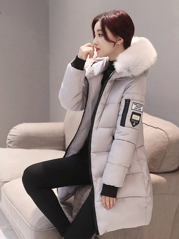 Women's Winter Parka – Fur Collar Hooded Long Jacket, Slim Fit, Warm & Thick with Letter Patch & Zipper Pockets