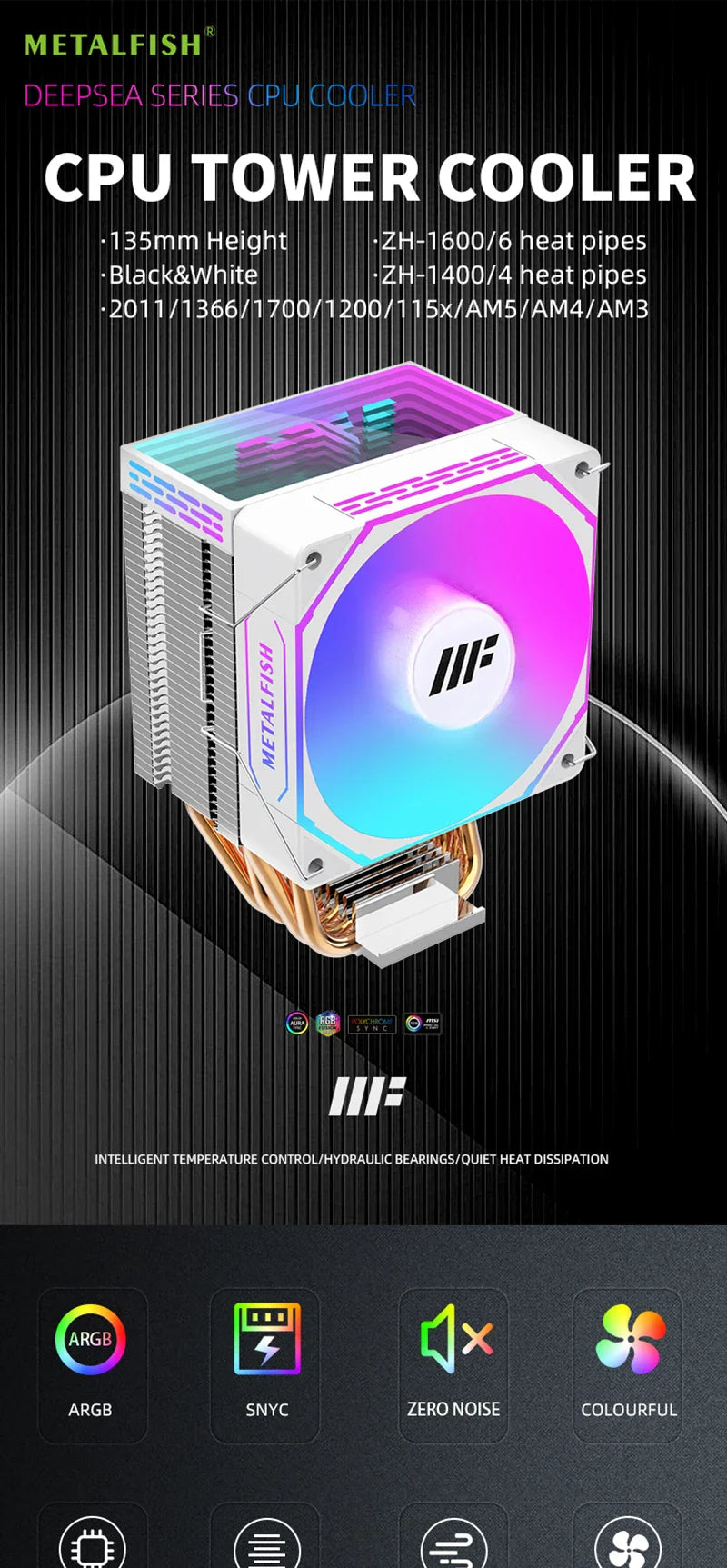 METALFISH White CPU Cooler — Silent ARGB 4-Pin PWM Fan with Radiator for Intel LGA 1700/1200/1150/1155/1156/1366/2011 & AMD AM5/AM4/AM3/X99/X79