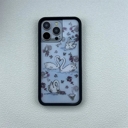 Wildflower Cute Animal Cartoon Phone Case for iPhone 16 Pro Max/16/15 Pro/15/14 Plus/13 Pro/12 Pro – Cherry, Dolphin & Swan Print Design