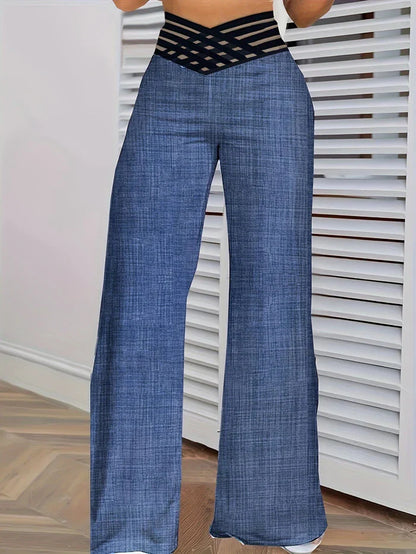 2024 Women’s Wide Leg Flared Pants – Y2K High Waist Crisscross Sheer Mesh Casual Streetwear Trousers