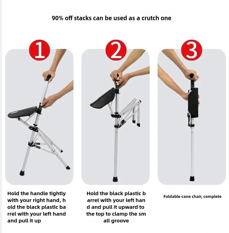 2-in-1 Portable Folding Cane & Chair — Quick-Fold Walking Stick with Built-In Seat and Three Legs