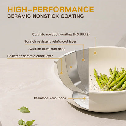 Astercook 21 Piece Ceramic Cookware Set - Non-Stick Pots and Pans with Sensor Handles in Milky White