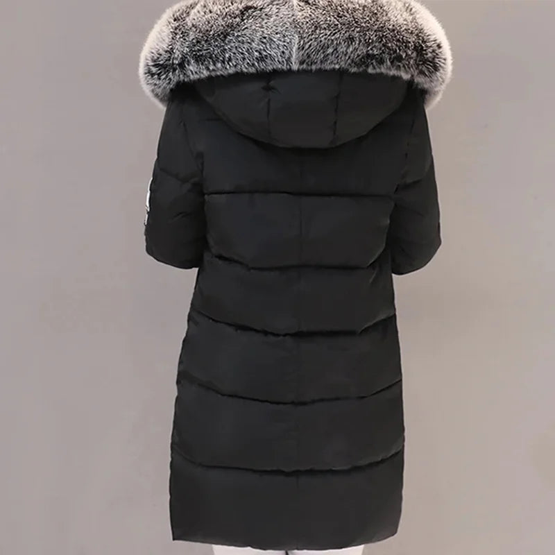 Women's Winter Parka – Fur Collar Hooded Long Jacket, Slim Fit, Warm & Thick with Letter Patch & Zipper Pockets