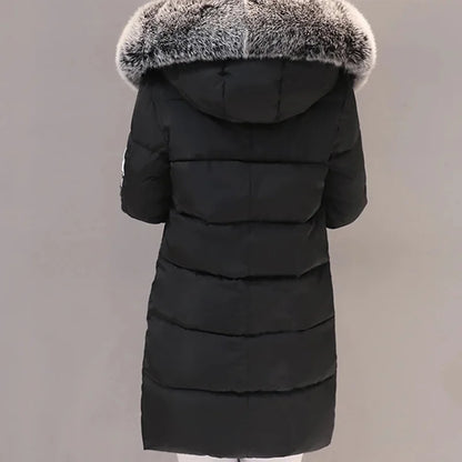 Women's Winter Parka – Fur Collar Hooded Long Jacket, Slim Fit, Warm & Thick with Letter Patch & Zipper Pockets